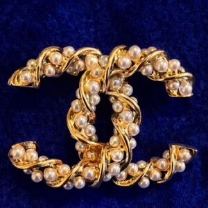 Designer Inspired Elegant Gold and Pearl Brooch stamped